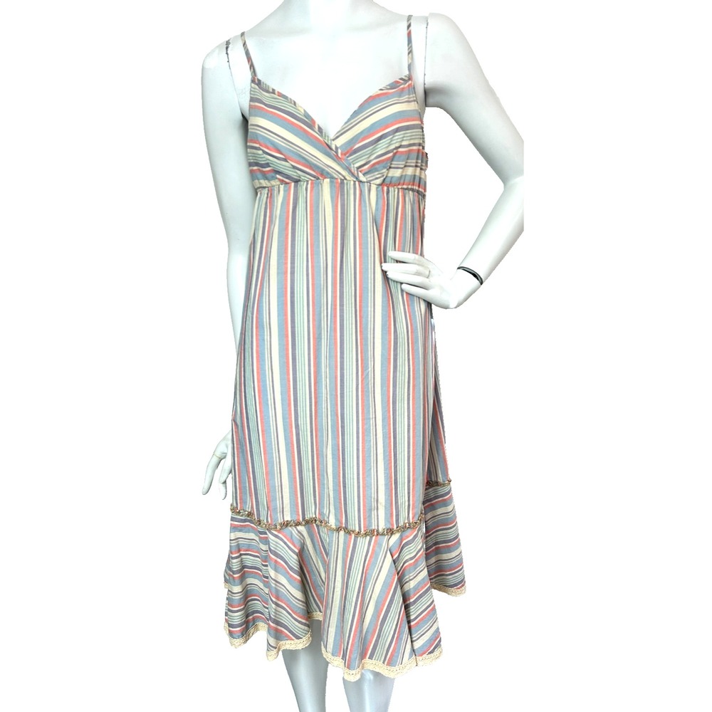 VTG 2000s Free People Stripe Empire Waist Sundress 6 S Boho Crochet Lace Ruffle